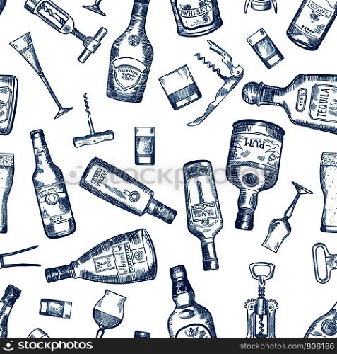 Hand drawn seamless pattern with various alcohol bottles. Vector cognac and whisky, absinthe and vodka, tequila and rum illustration. Hand drawn seamless pattern with various alcohol bottles