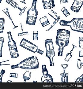 Hand drawn seamless pattern with various alcohol bottles. Vector cognac and whisky, absinthe and vodka, tequila and rum illustration. Hand drawn seamless pattern with various alcohol bottles