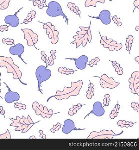 Hand drawn seamless pattern with vegetables beets and leaves. Perfect for T-shirt, textile and print. Doodle vector illustration for decor and design.