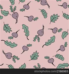 Hand drawn seamless pattern with vegetables beets and salad leaves. Perfect for T-shirt, textile and print. Doodle vector illustration for decor and design.