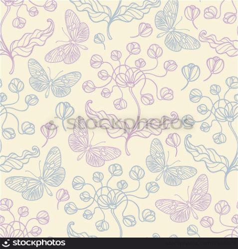 Hand drawn seamless pattern with violet flowers