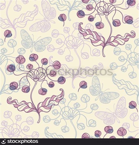 Hand drawn seamless pattern with violet flowers and butterflies