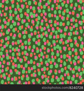 Hand-drawn seamless pattern with vivid abstract shapes. Smears of red paint on a deep green background.  Fabric print companion design. Creative stylish illustration for paper and gift wrap.