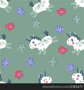 Hand drawn seamless pattern with white unicorns and flowers. Perfect for T-shirt, textile and print. Doodle vector illustration for decor and design.