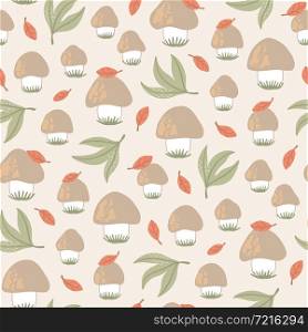 Hand-drawn seamless pattern with wild mushrooms and autumn leaves. Colorful seasonal illustration for paper and gift wrap. Fabric print design. Creative stylish background.