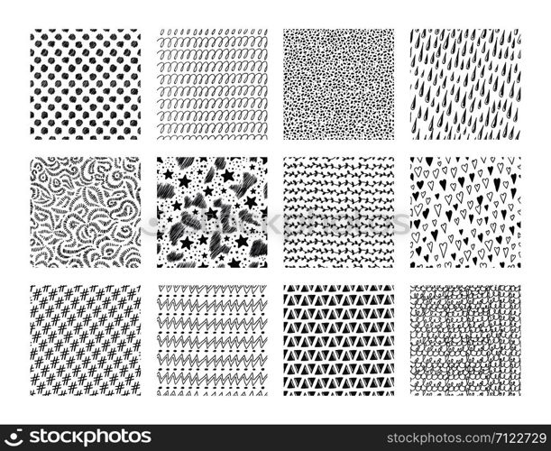 Hand drawn seamless textures. Ink brush patterns with simple and grunge doodle elements, strokes dots and waves. Vector illustration abstract ethnic fabric black on white template set. Hand drawn textures. Ink brush patterns with simple and grunge doodle elements, strokes dots and waves. Vector ethnic fabric template