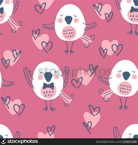 Hand drawn seamless valentine pattern with birds and hearts. Perfect for T-shirt, textile and print. Doodle vector illustration for decor and design.