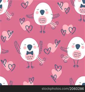 Hand drawn seamless valentine pattern with birds and hearts. Perfect for T-shirt, textile and print. Doodle vector illustration for decor and design.