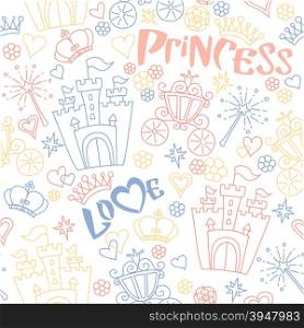 Hand drawn seamless vector pink and blue pattern of little princess doodles. Background for use in design, web site, textile. T-shirt Graphics. Girl print.