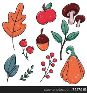 Hand drawn set autumn elements for creating designs. Natural fall attributes isolated vector illustration. Acorn, apple, leaves, herbs, berries, pumpkin and mushrooms cartoon. Hand drawn set autumn elements for creating designs