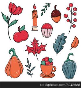 Hand drawn set cute autumn and winter attributes. Berries, flower, cupcake, coffee with marshmallows, candle, apple, acorn and foliage. Cartoon elements for creating cozy designs vector illustration