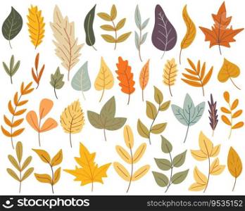Hand drawn set of autumn leaves. Leaf of oak, maple, birch, ash and other trees. Fall collection of foliage and twigs. Dry falling seasonal leaves, clip art vector illustration. Hand drawn set of autumn leaves