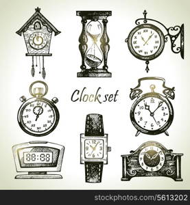 Hand drawn set of clocks and watches