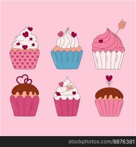 Hand drawn set of cupcakes for Valentine day. Design elements for posters, greeting cards, banners and invitations. Hand drawn set of cupcakes for Valentine day. Design elements for posters, greeting cards, banners and invitations.