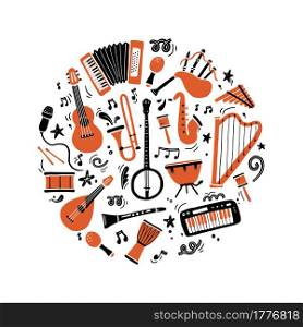 Hand drawn set of different types musical instrument, guitar, saxophone. Doodle sketch style. Isolated vector illustration for music shop icon, musical instrument store, music course, background