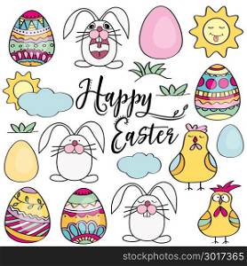Hand drawn set of Easter design elements. Eggs, chicken, bunny, sun, clouds. Perfect for holiday decoration and spring greeting cards, Vector illustration , isolated on white