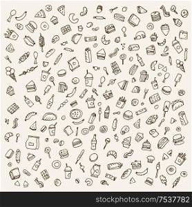 Hand drawn set of fast food doodles, icon and elements. Hand drawn set of fast food