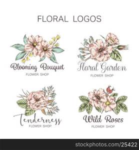 Hand drawn set of flower and garden logo template. Floral label, symbol, badge, tag. Elegant flower logo design. Vector illustration.