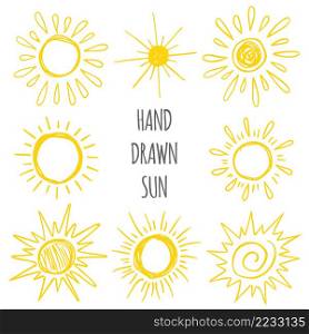 Hand drawn set of funny vector doodle suns.. Hand drawn set of funny vector doodle suns