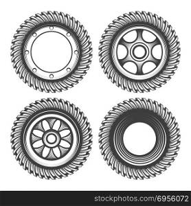 Hand drawn set of gear wheels in engraving style isolated on white. Vector illustration.