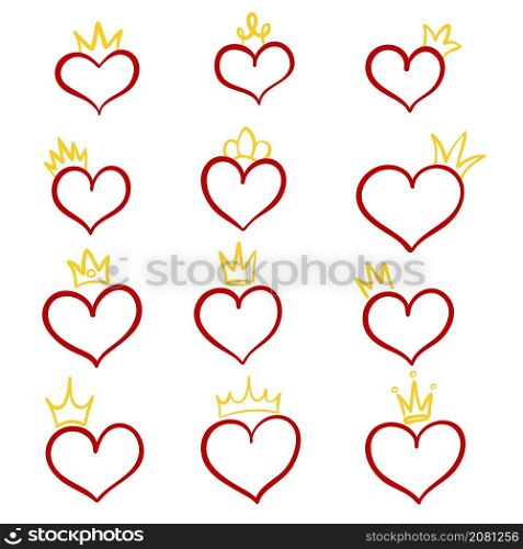 Hand drawn set of heart with crown for design on white, stock vector illustration