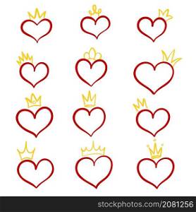 Hand drawn set of heart with crown for design on white, stock vector illustration