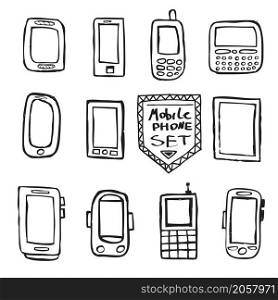 Hand drawn set of isolated mobile gadgets. Vector illustration