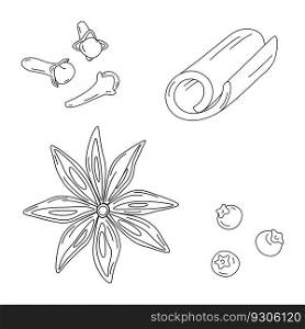 Hand drawn set of spices for mulled wine. Cinnamon stick, cloves, star anise and allspice. Line Art. Isolate. Design for poster, banner, brochures or cards, greeting, tag or web, price. Vector. EPS
