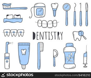 Hand drawn set of stomatology and oral hygiene. Dentistry color doodle icons. Aesthetics, treatment, prevention, extraction and implantation of teeth concept, vector illustration. Hand drawn set of stomatology and oral hygiene