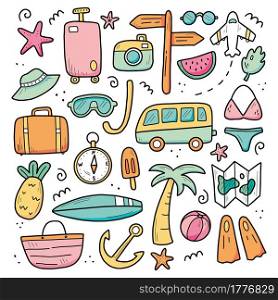 Hand drawn set of travel summer vacation elements, luggage, map, suitcase, sea star. Doodle sketch style. Travel element drawn by digital pen. Illustration for banner, background, icon, logo design.