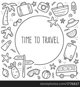 Hand drawn set of travel summer vacation elements, luggage, map, suitcase, sea star. Doodle sketch style. Travel element drawn by digital pen. Illustration for banner, background, icon, logo design.