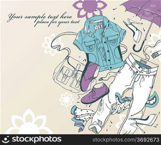 hand drawn set of trendy clothes , shoes and accesories
