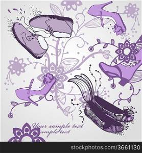 hand drawn set of trendy shoes on a floral background