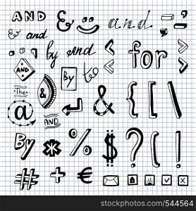 Hand drawn set with social media sign and symbol doodles. Catchwords and, for, to, the, by. Design elements. Hand drawn set with social media sign and symbol doodles. Catchwords and, for, to, the, by. Design element