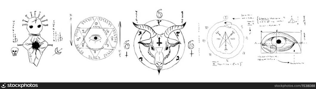 Hand drawn set with various esoteric symbols vector flat illustration. Collection of different occultism drawing gothic sign isolated on white background. Mystic alchemy pentagram antique emblem. Hand drawn set with various esoteric symbols vector flat illustration