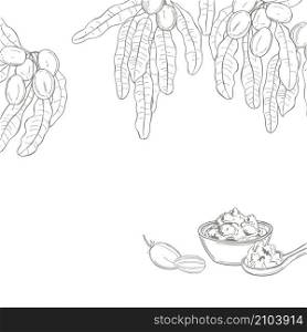 Hand drawn Shea. Fruits, leaves and butter. Vector background. Sketch illustration.. Shea. Fruits, leaves and butter.