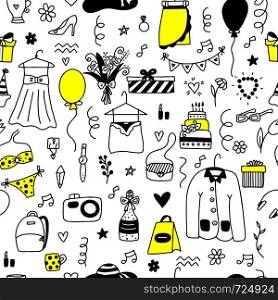 Hand drawn shopping seamless pattern on a white background. Vector illustration.