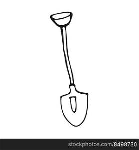 Hand drawn shovel in doodle style. Gardening tools isolated on white background. Vector illustration.. Hand drawn shovel in doodle style. Gardening tools