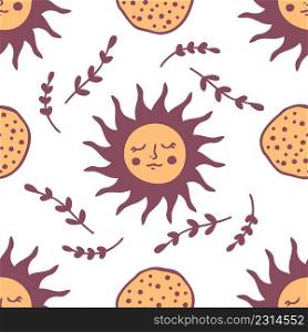 Hand drawn Shrovetide seamless pattern with pancakes, sun and leaves. Perfect for textile, menu, postcard and print. Doodle vector illustration for decor and design.