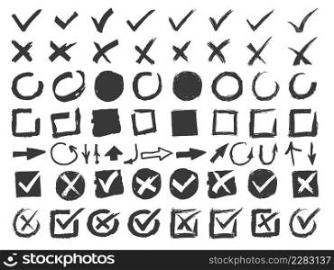 Hand drawn signs. Doodle black check marks. Crosses and arrows. Monochrome handwritten squares and circles. List tick isolated symbols. Empty and filled boxes template. Vector silhouette icons set. Hand drawn signs. Doodle black check marks. Crosses and arrows. Monochrome handwritten squares and circles. Tick isolated symbols. Empty and filled boxes. Vector silhouette icons set