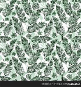Hand drawn silhouette branches green palm leaves hibiscus plumeria flowers nature organic tropical background seamless pattern