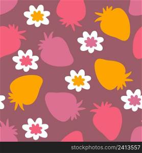 Hand drawn silhouette strawberries and flowers seamless pattern. Perfect for T-shirt, textile and prints. Doodle vector illustration for decor and design.