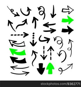 Hand drawn simple arrows set. Various shape arrows. Doodle design