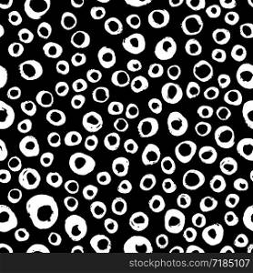 Hand drawn simple design texture with chaotic shapes. Abstract seamless pattern with circle elements on black background. Backdrop for textile or book covers, wallpapers, design, wrapping. Hand drawn simple design texture with chaotic shapes.