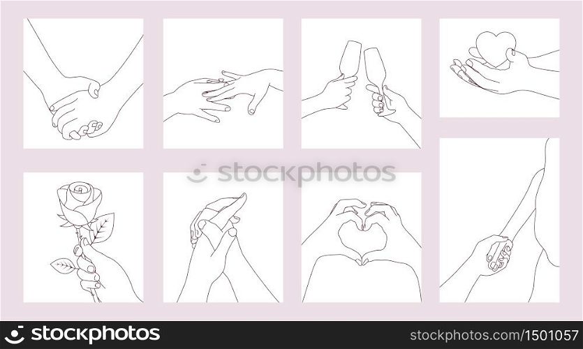 Hand drawn simple line hand couple in love poster, card or flyer for valentines day, wedding or holidays