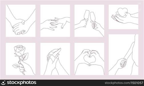 Hand drawn simple line hand couple in love poster, card or flyer for valentines day, wedding or holidays