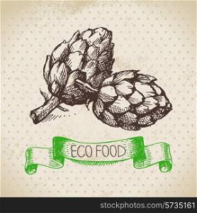 Hand drawn sketch artichoke vegetable. Eco food background.Vector illustration