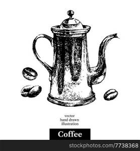Hand drawn sketch black and white vintage coffee background. Vector illustration isolated object. Menu design for cafe and restaurant