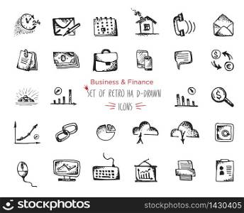Hand-drawn sketch Business and Finance web icon set. Vector illustrations Black on white background. Hand-drawn sketch Business and Finance web icon set