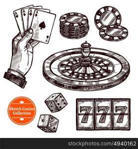 Hand Drawn Sketch Casino Collection . Hand drawn sketch casino collection with roulette cards chips jackpot dice elements vector illustration